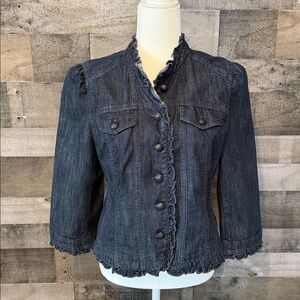 LOFT Button Front Denim Jacket with puff sleeves and ruffles